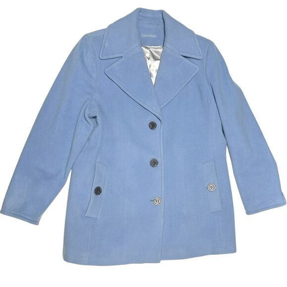 Calvin Klein Cashmere Wool Blend Blue Pea Coat Classic Style Button Up - Picture 1 of 10